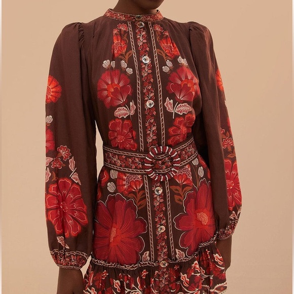 FARM Rio Dresses & Skirts - NEW FARM Rio Gigi Tapestry Brown Mini Dress Beaded Buckle Red Floral Size L